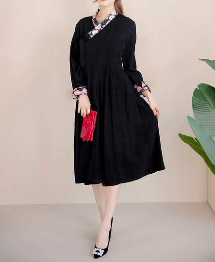 Hanbok Women Dress, Korean Modern Wrap Style Long Korea Modernized Daily Casual Party Sleeve Dress Black Color