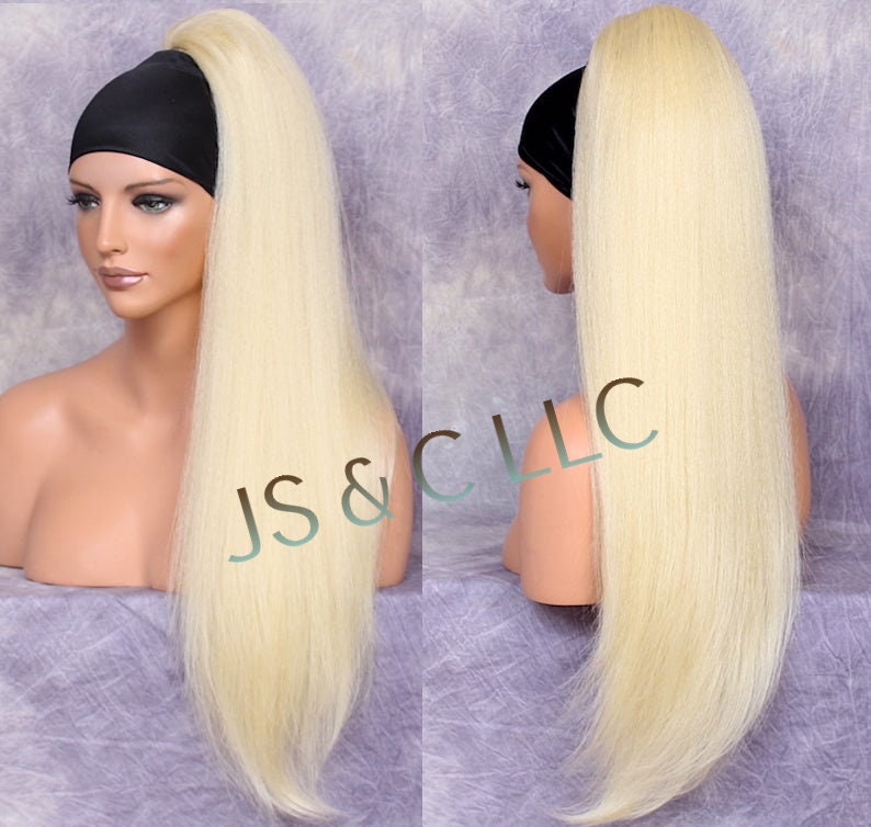 28 Bleach Blonde Human Hair Blend Textured Straight Ponytail Hair Piece Extension Heat Ok Drawstring Cancer Theater Alopecia Cosplay