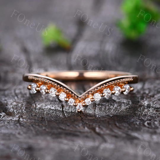Vintage Moissanite Curved Wedding Band, 14K Solid Rose Gold Ring, Art Deco Chevron Dainty Stacking Delicate V Ring
