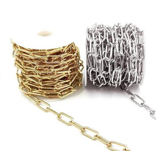 16Ft/5M Rectangle Link Chain, Paper Clip Chain, Unfinished Round Oval Cable Chain, Gold Plated Stainless Steel, Chunky Long Chain Bulk