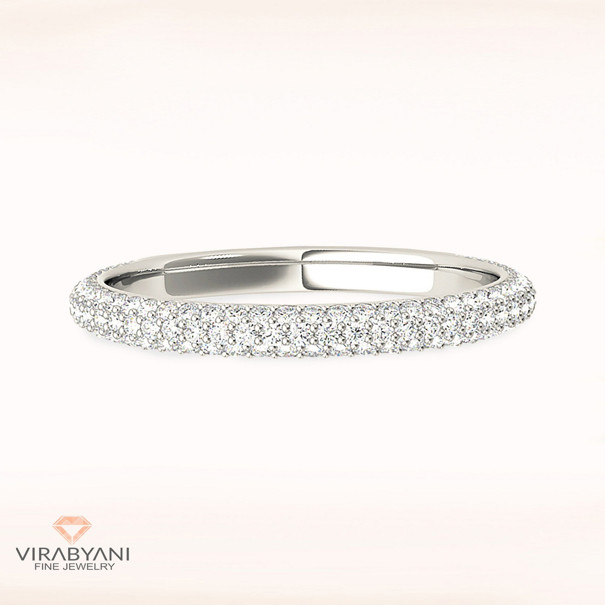 0.50 Ctw Triple Row Pave Diamond Wedding Band - 14K/18K Solid White Gold/Platinum | Anniversary Ring Modern Design