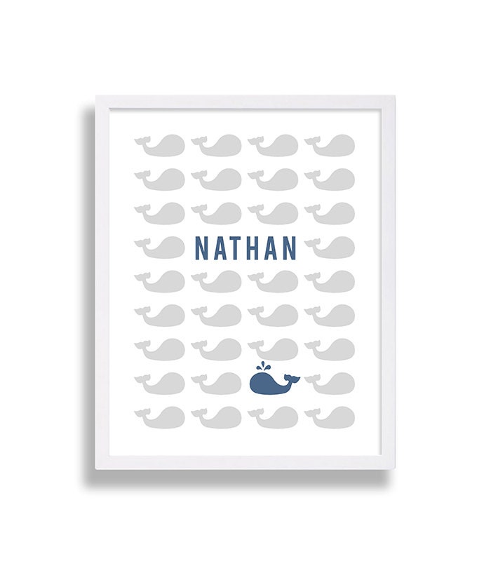 Nursery Prints Nautical Decor Whale Art Grey & Blue Baby Shower Gift Modern Name