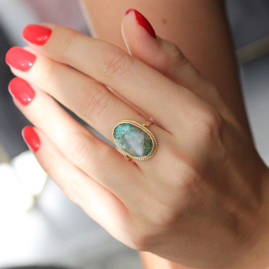 Genuine Turquoise Ring 14K Gold Vintage Style Handmade Fine Jewelry Natural Raw Stone Boho Oval Real Gift