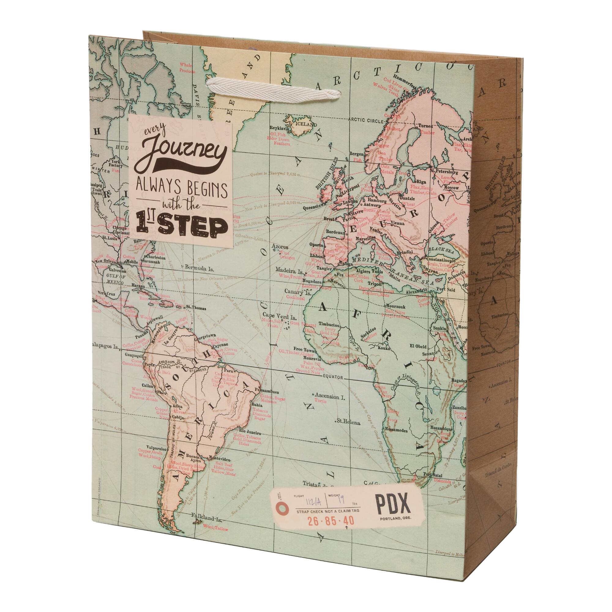 Large World Map Gift Bag: Multi/Natural - Paper by World Market
