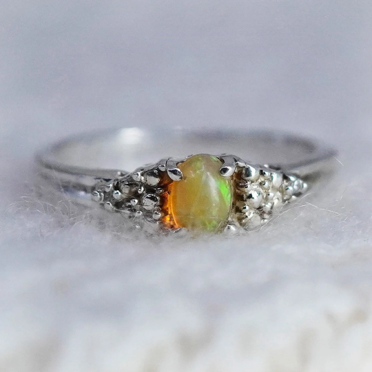 Size 7.25, Vintage Sterling 925 Silver Handmade Ring With Oval Opal & Cz, Stamped