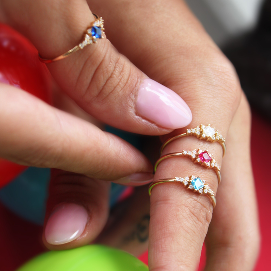 14K Gold Wedding Band Colorful Solitaire Rings Vintage Style Jewelry Turquoise Blue Pink White Ring Christmas Anniversary Gift For Women