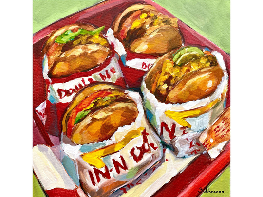 Signed Print | Poster Of The Original Acrylic Painting On Canvas Still Life With In-N-Out Burgers By Victoria Sukhasyan