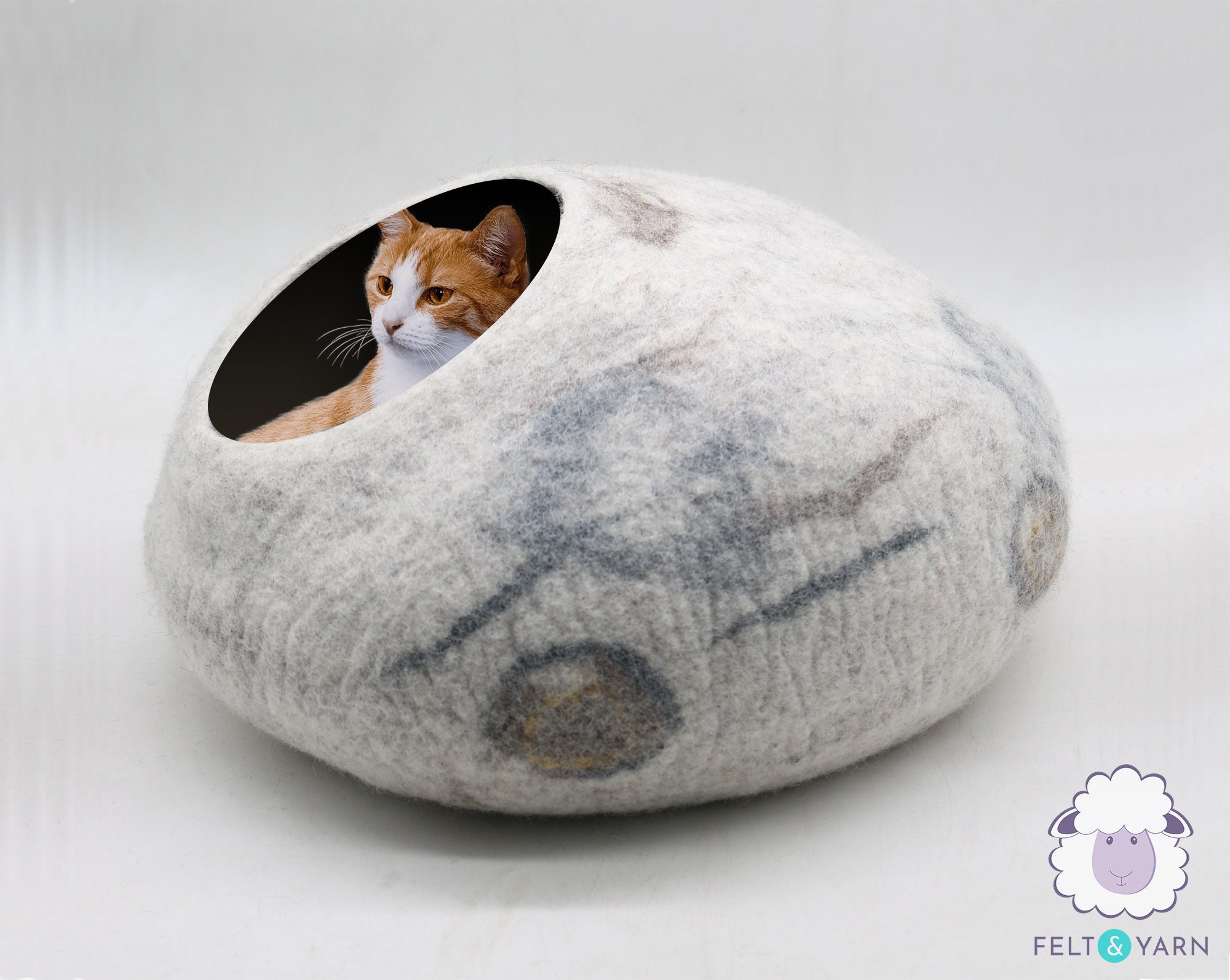 50cm Wool Felt Marble Cat Bed, Nap Cocoon House, Fair Trade