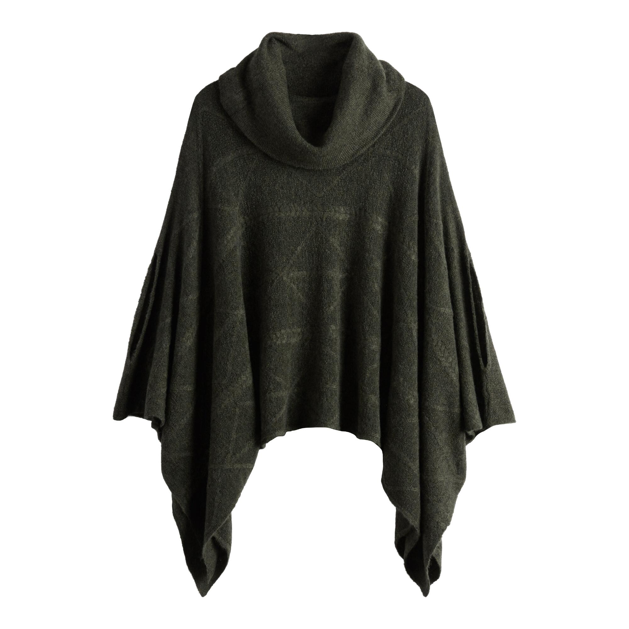 Olive Green Cable Knit Turtleneck Sweater Poncho by World Market