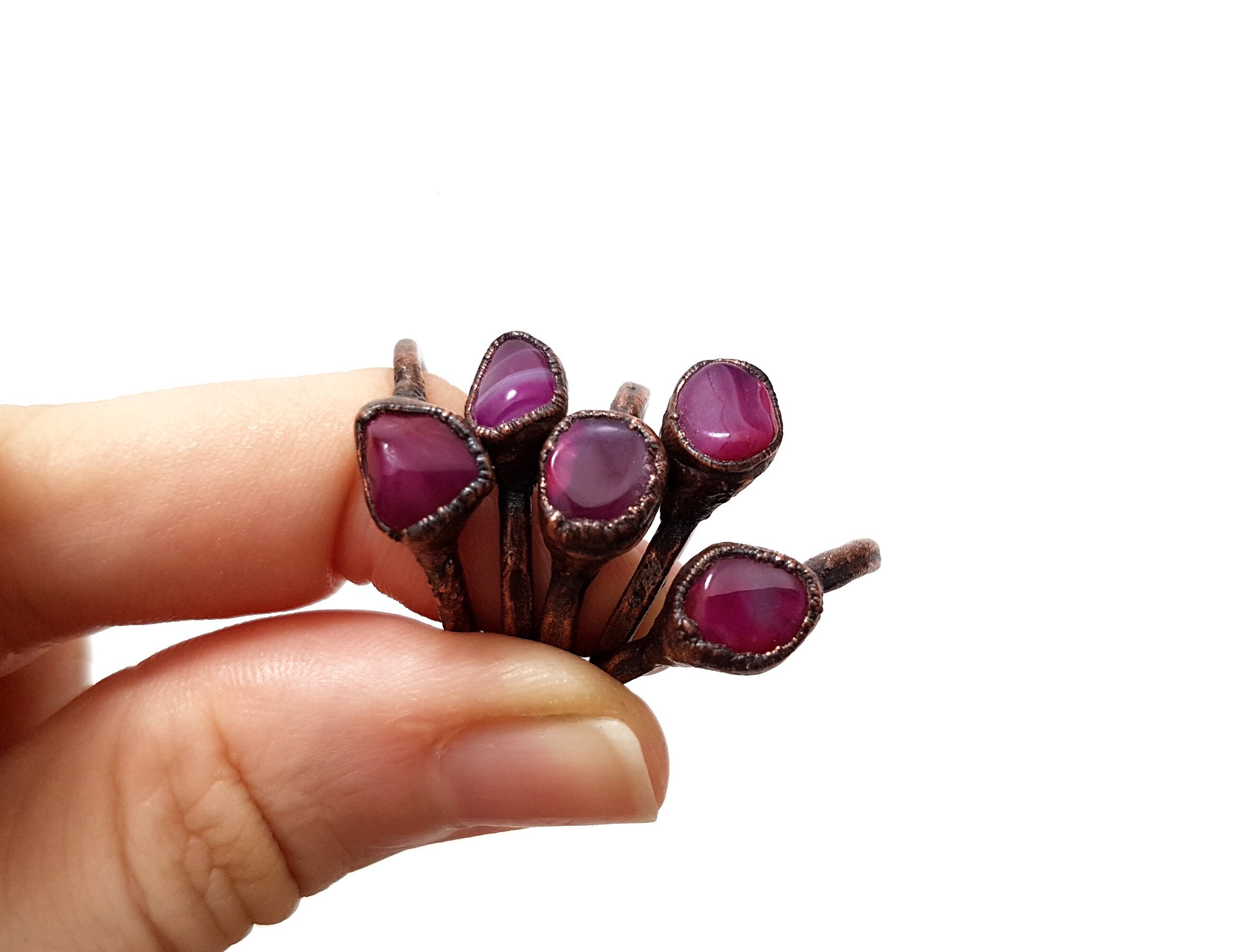 Hot Pink Agate Ring - Raw Stone Jewelry Electroformed Copper