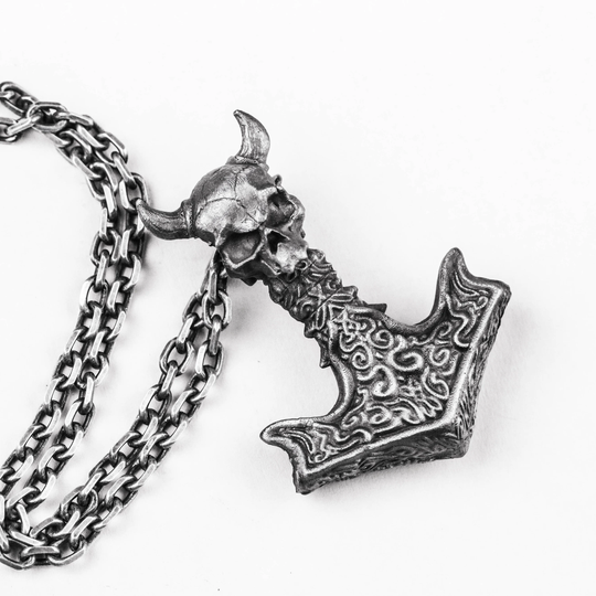 925 Silver Thor's Hammer Pendant, Ram's Horn Skull Wolf Jewelry