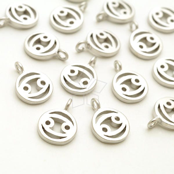 Pd-2235-Ms/4 Pcs - Zodiac Sign Symbol Charms, Constellation, Cancer, The Crab, June, July Birthday, Matte Silver Plated Over Brass 7.4mm