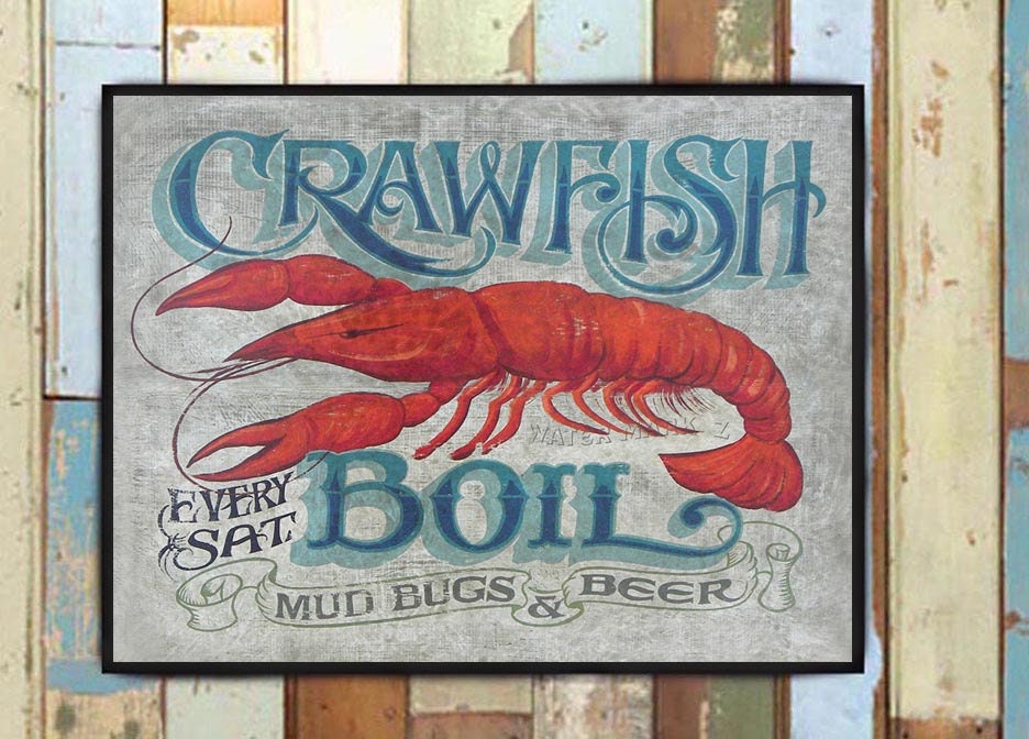 Crawfish Boil Art Print - Seafood Theme, Beach House Decor - Louisana Mudbugs & Beer. Great For A Gift, Bar Decor. Cajun Bayou - Front Porch