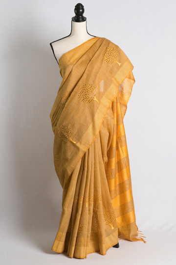 Blended Cotton Cut Work Saree With in Yellow | Bengal Looms