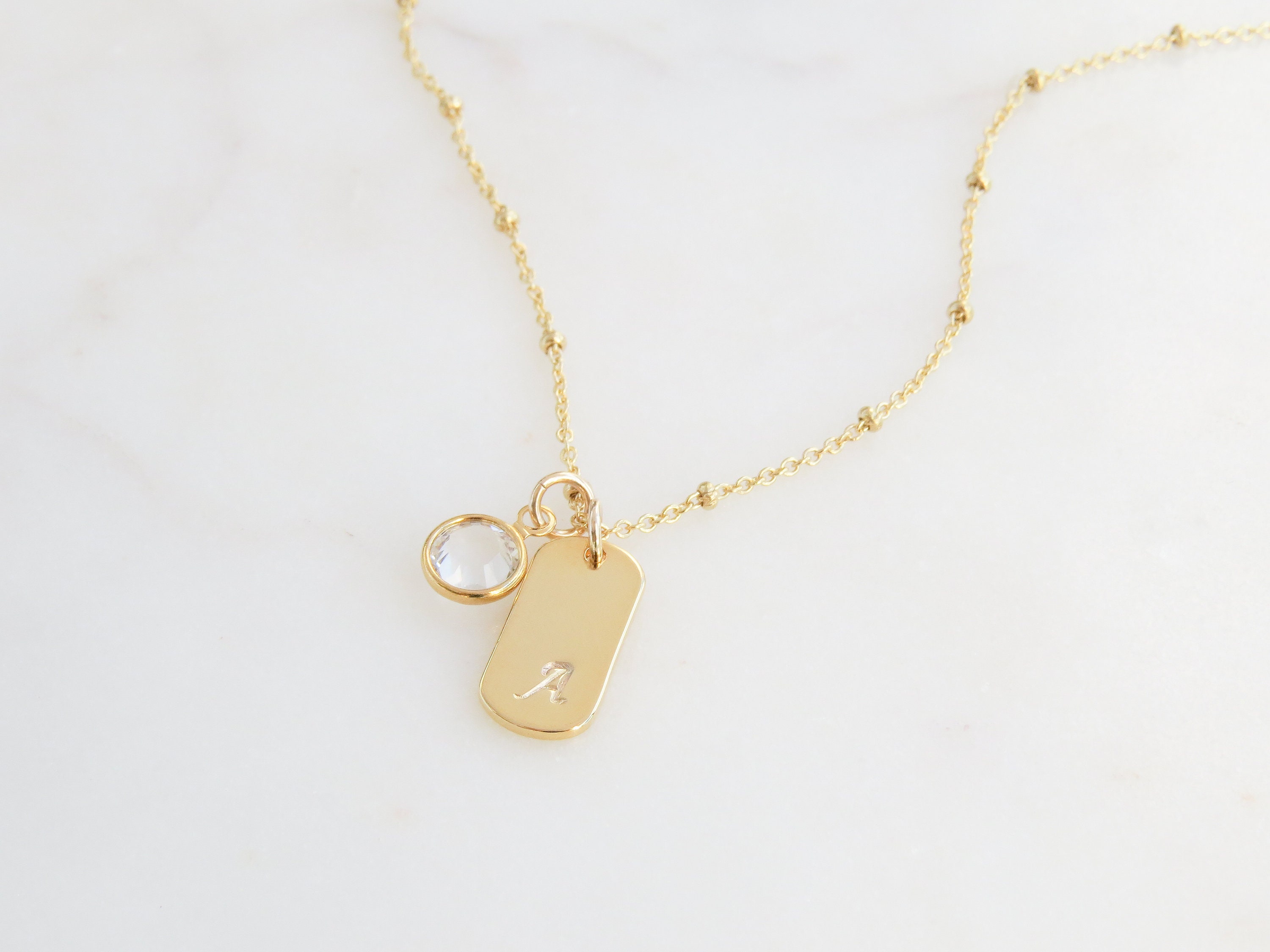 Birthstone & Initial Necklace | Dog Tag Family Dainty With