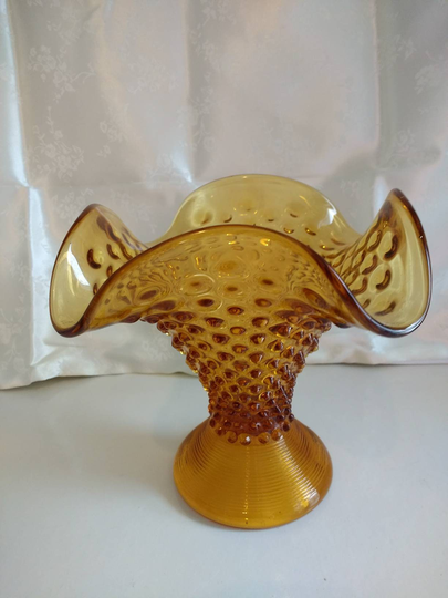 Vintage Fenton Amber Hobnail Glass Vase With Ruffled Rim & Unusual Conical Base