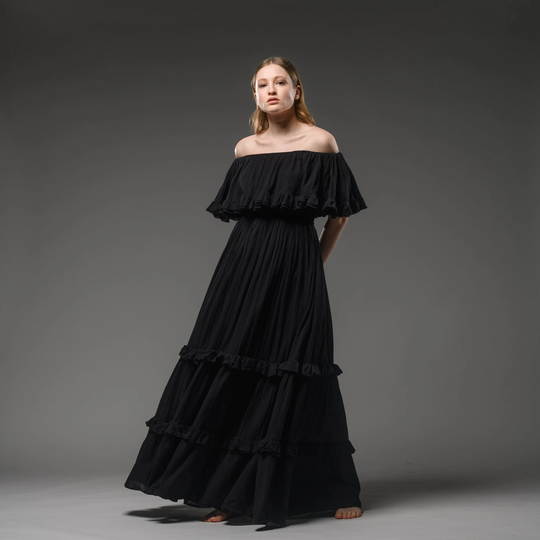 Bohemian Black Cotton Dress | Elegant Chic Maxi Boho Ruffled Hippie Festival Backless