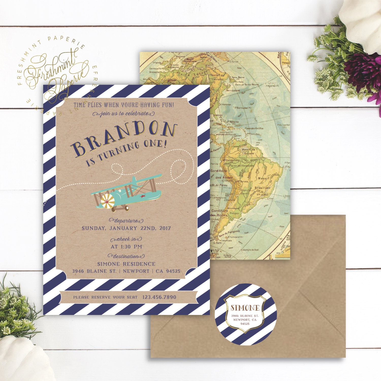 Vintage Airplane Invitation - First Birthday Vintage Plane Boys -Adventure Awaits