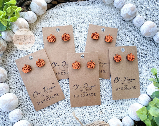 Pumpkin Shaped Leopard Earrings, Engraved Studs, Wood Jewelry, Stud Fall Earrings