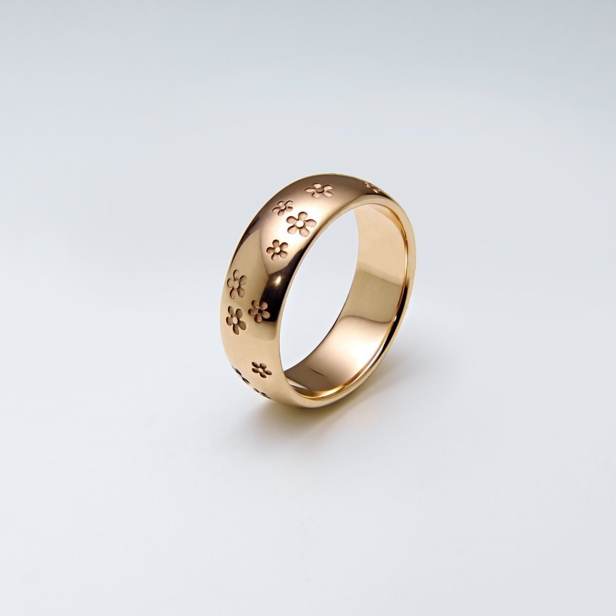 14K Yellow Gold Band, Unique Womens Wedding Flowers, Cherry Blossom Ring, Sakura Flower Floral Ring