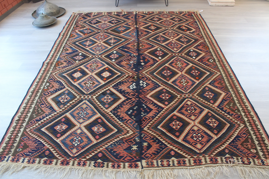 6'x8' Large Kilim Rug, Blue-Red Area Kilim, Vintage Turkish Kars Rug, Ethnic Anatolian/N -957 6'4"x8'4" Ft