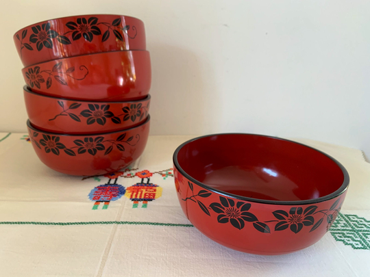 Lacquer Ware Soup Bowls, Set Of 5, Red & Black Ramen Bowls