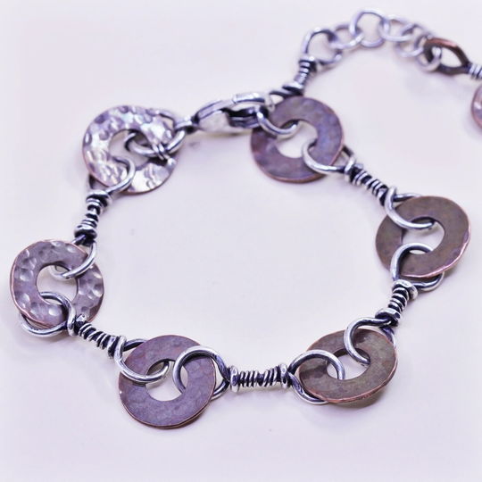 6.25", Vintage Sterling 925 Silver Bracelet With Copper Disc, Tested