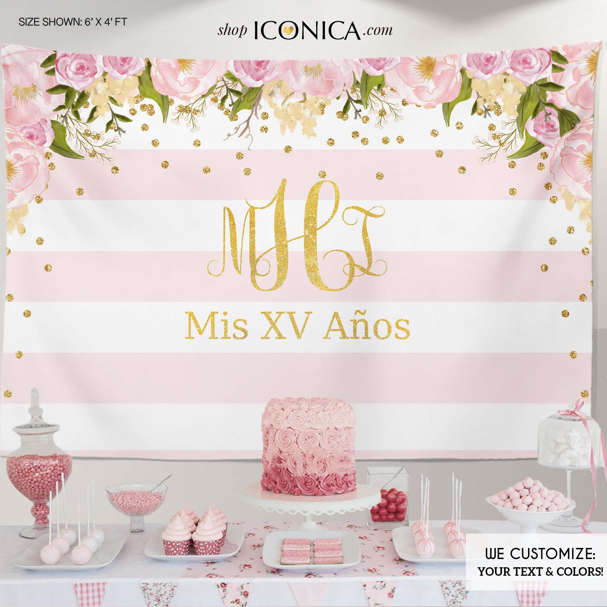 15Th Birthday Party Backdrop Floral Quinceaera Backdrop, Faux Gold Monogram, Pink Striped Dessert Table Banner, Any Age Bbd0104