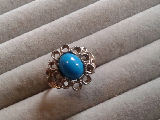 Silvertone & Faux Turquoise Oval Adjustable Ring, Currently Size 6.5