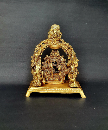 Brass Ram Darbar Idol in Antique Finish/ Lord Rama, Sita, Laxman, Bharat, Shatrughn With Hanuman Statue