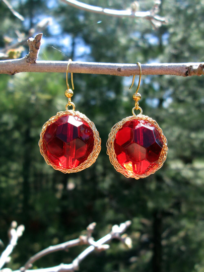 Red Glass Earrings, Elegant Gold Tone Wire Crochet Dangle Earrings