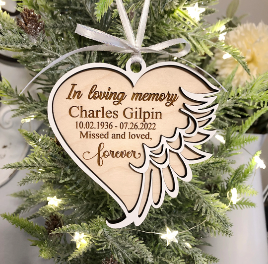 Memorial Christmas Ornament Heart With Angel Wing in Loving Memory Personalized