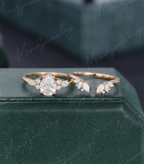 Pear Shaped Moissanite Engagement Ring Set Rose Gold Unique Cluster Womem Vintage Marquise Diamond Open Wedding Bridal Gift