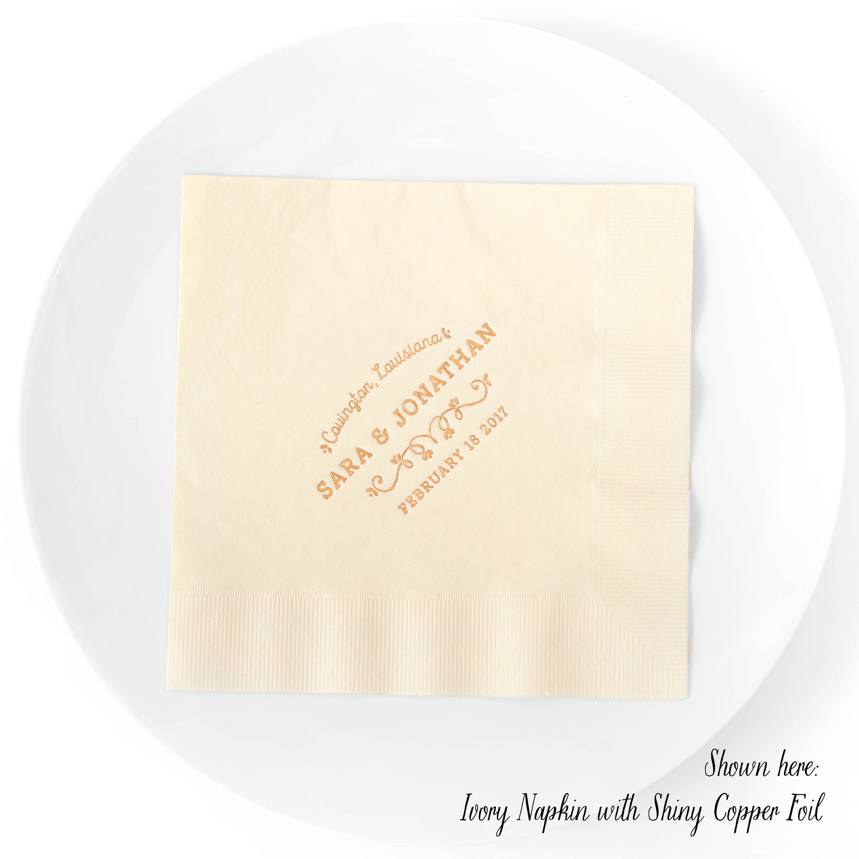 Custom Printed Luncheon Napkins with Budding Flourish - Personalized Wedding Napkin, Spring Decor, Bridal Shower Decor