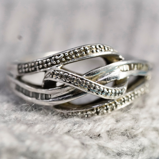 Size 7, Vintage Sterling 925 Silver Entwined Ring With Genuine Diamond, Stamped Jwbr