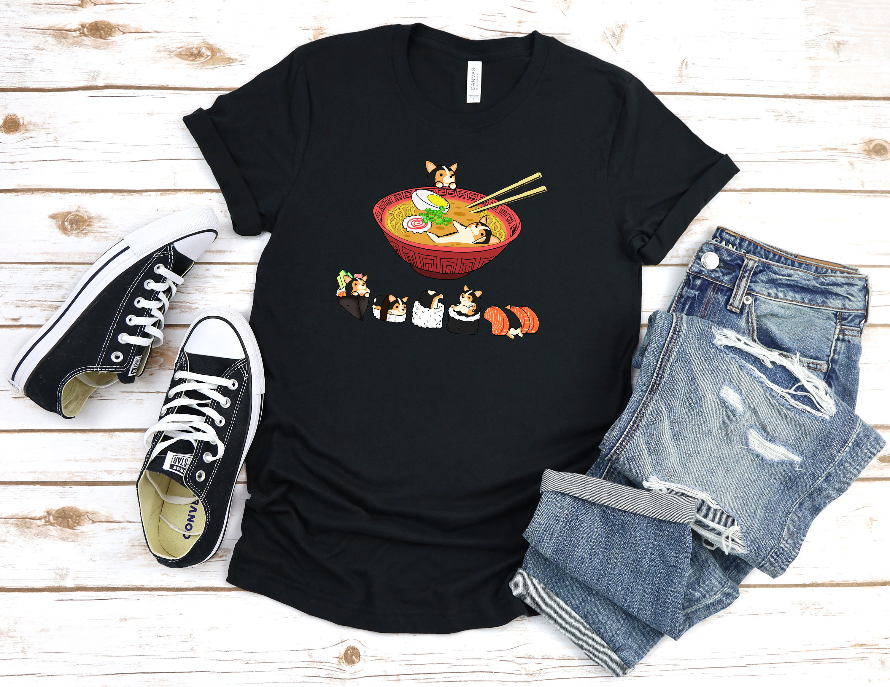 Tricolor Corgi Shirt, Unisex 100% Cotton. Funny Sushi & Ramen Chubby Style Art Of Welsh Dog, Kawaii By Bark&run