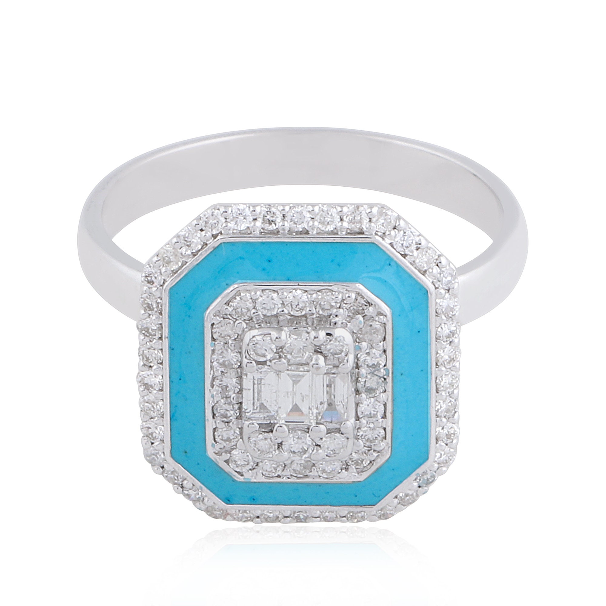18K Solid Gold Ring, Hot Sale Natural Diamond Blue Enamel Hi Color Si Clarity Jewelry