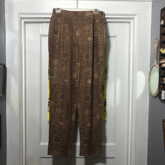 Vintage Patterned Brown Linen Blend Pants