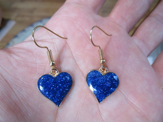 Heart Earrings, Small Gold Tone Enamel/Metal Charm, Dark Blue W Crystal Glitter, Handmade Minimalist Style Cute Hippie Girl Jewelry