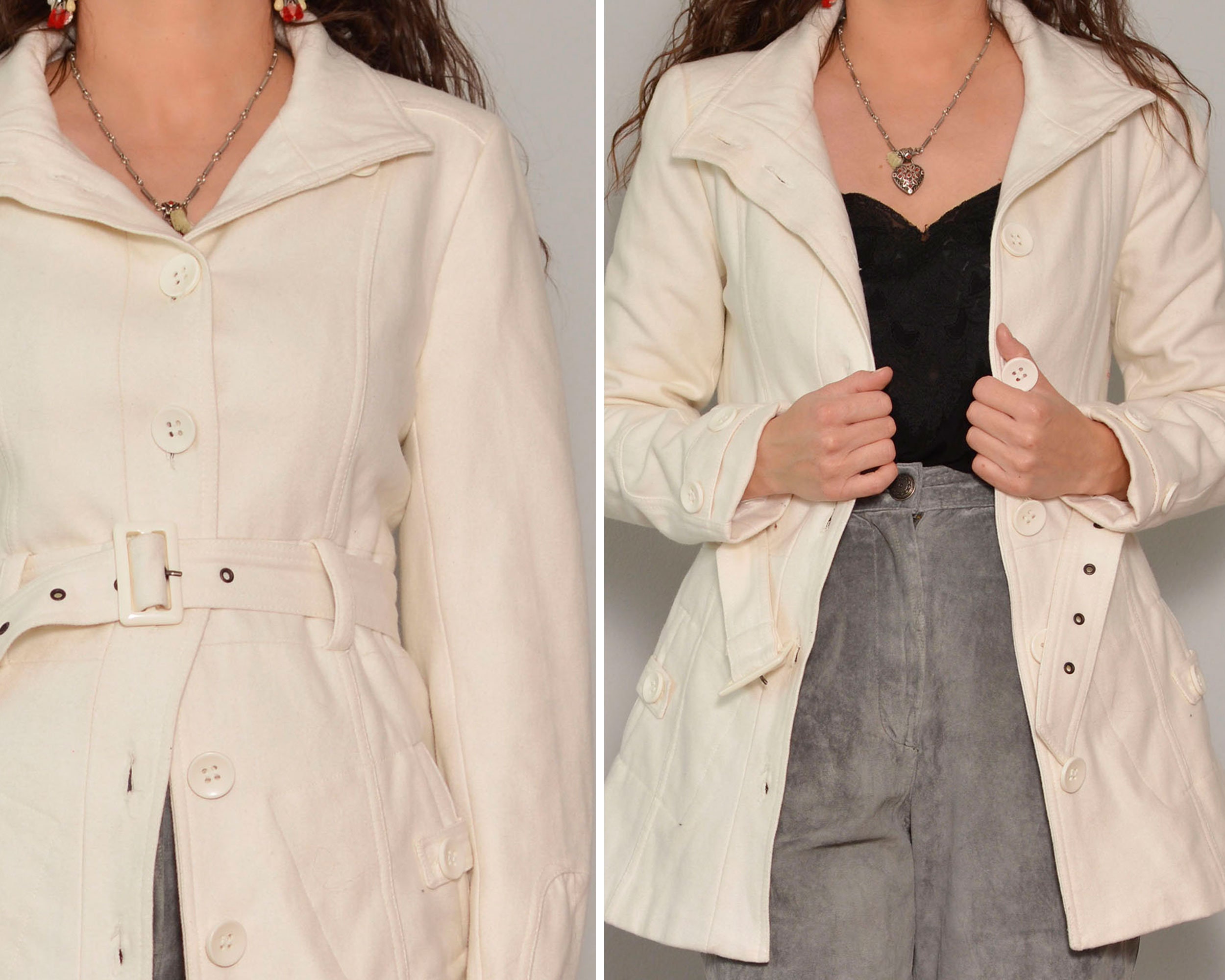 Wool Blend Beige Trench Style Jacket | Off White Belted Short Coat With Pockets Shell Collar Fitted Minimalist Fall Small