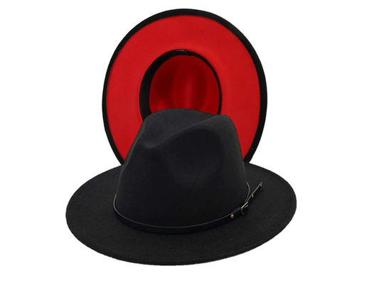 Fedora 2 Tone Black With Red Bottom Belt Band Panama Upturn Wide Brim Cotton Blend Felt Women & Men Hat