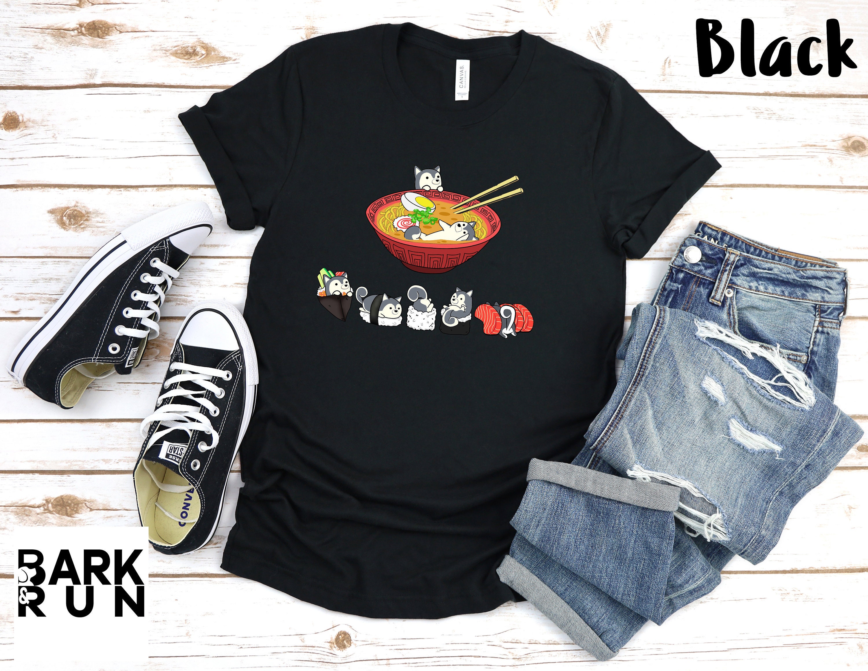 Husky Shirt, 100% Cotton. Unisex, Funny Sushi & Ramen Chubby Style Art Of Siberian Husky Dog, Kawaii Art