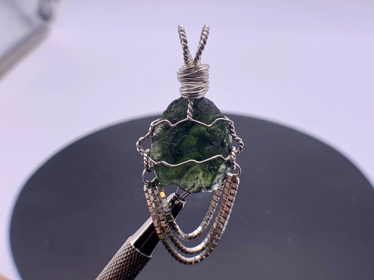 8.1 Gram Moldavite | Nesmen Deposit Pendant, With Multiple Box Chain Garnish, Wrapped in Sterling Silver Wire