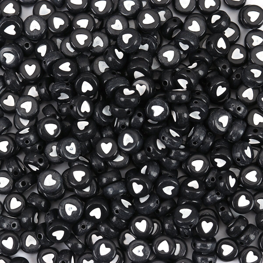 Black Acrylic Flat Round Beads With White Hearts | 7mm X 4mm