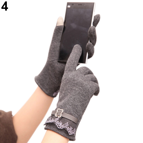 Winter Women Ladies Touch Screen Warm Lace Gloves Mittens for Cell Phone iPad - grey