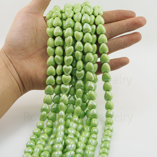 Heart Glazed Ceramic Beads, Hand Made Green Shaped Beads, Big Hole Porcelain Beads, 12mm, 18mm/30Pcs, 22Pcs