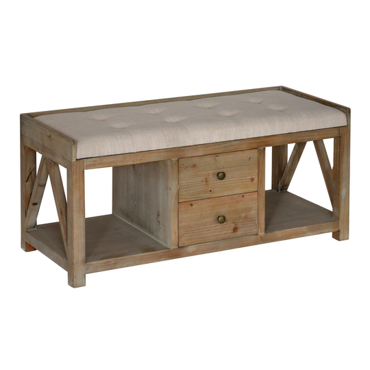 Fir Wood Sutton Upholstered Bench with Drawers: Natural - Fabric by World Market