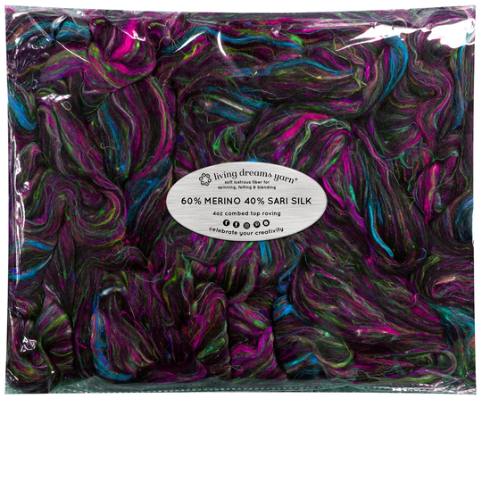 Merino Sari Blend 4Oz Wool & Silk Roving Fiber Soft Combed Top, Hand Spinning, Drop Spindle, Needle Wet Nuno Felting. Nirvana