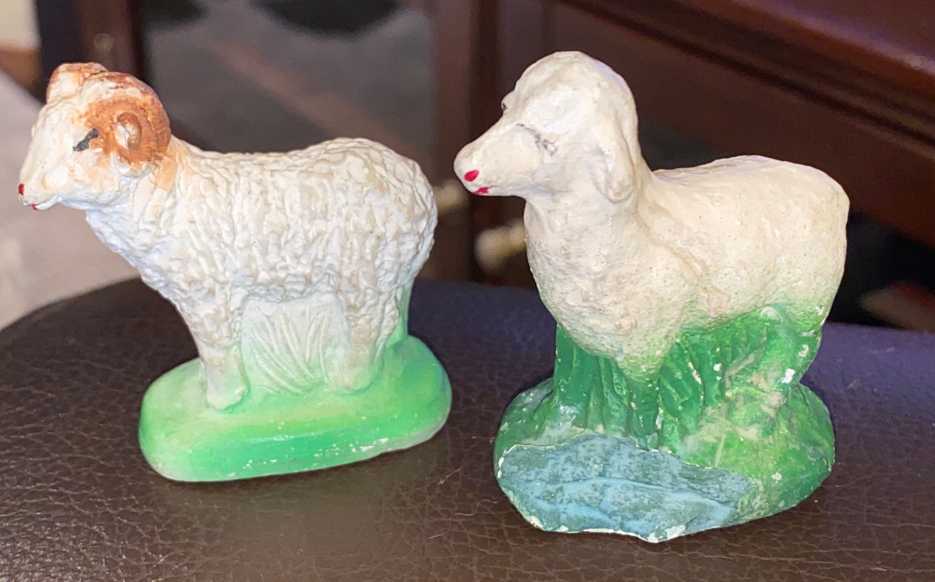 Two Darling Antique Vintage Composition Putz Nativity Ram & Sheep