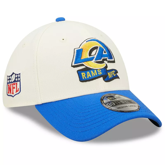 Men's New Era Cream/Royal Los Angeles Rams 2022 Sideline 39THIRTY 2-Tone Flex Hat, Size: Small/Medium, Beige Over